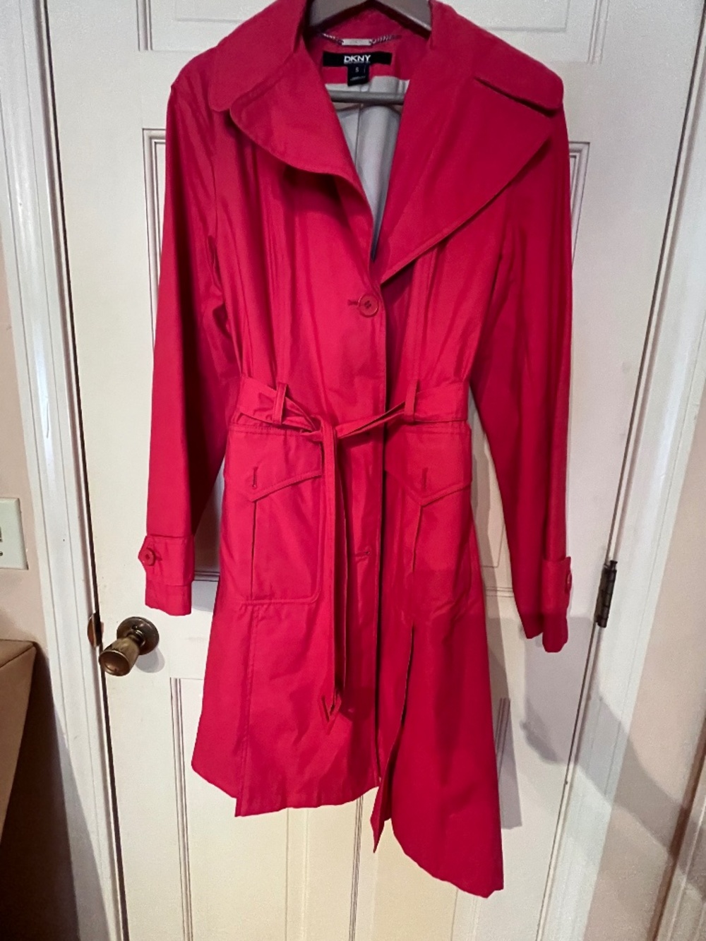 Dkny Donna Karan York Red Double-breasted Lined Cotton/poly Trench - S